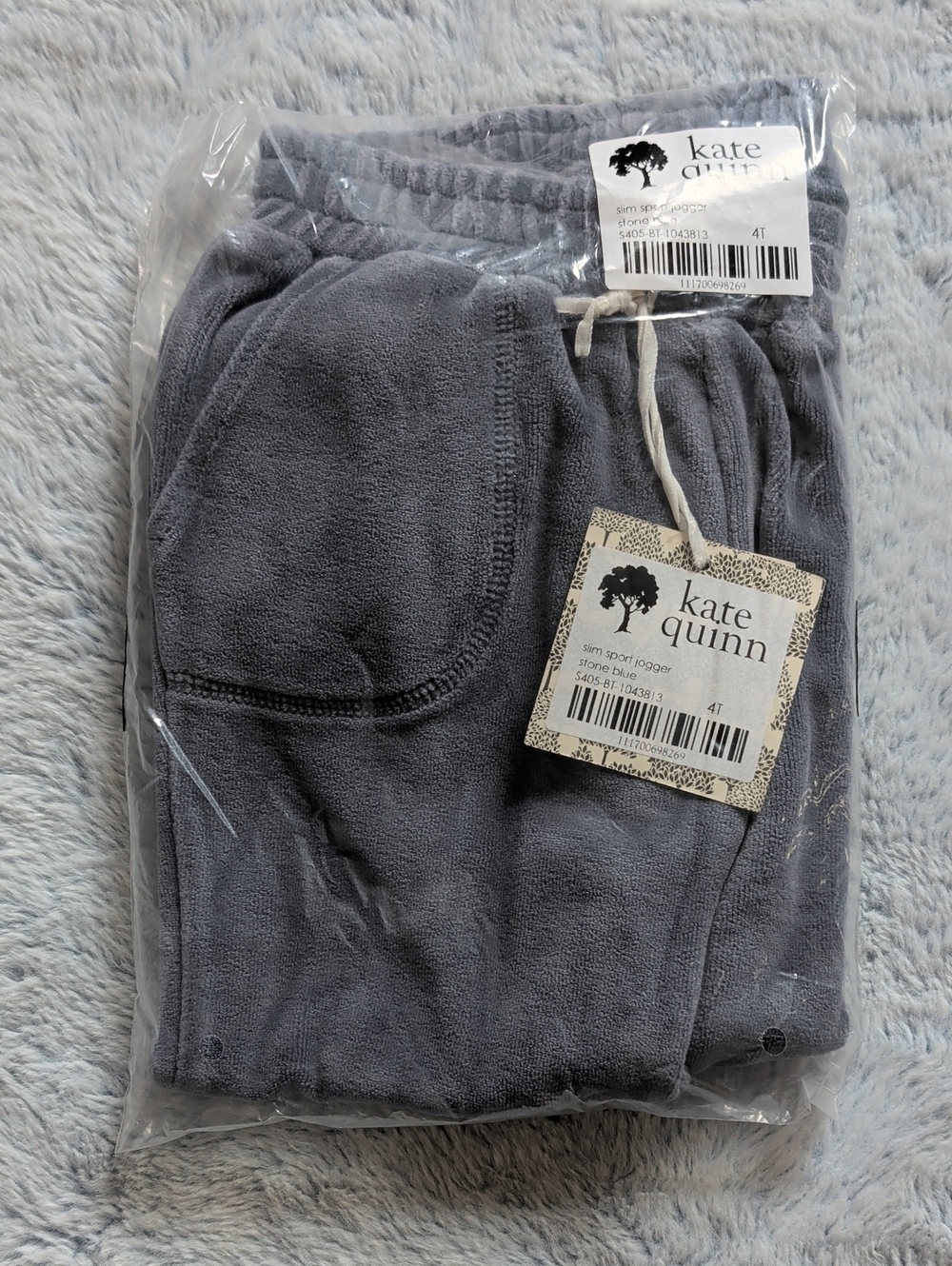 NWT 4T Kate Quinn Organics Slim Sport Jogger Stone Blue Cotton Velour Velvet
